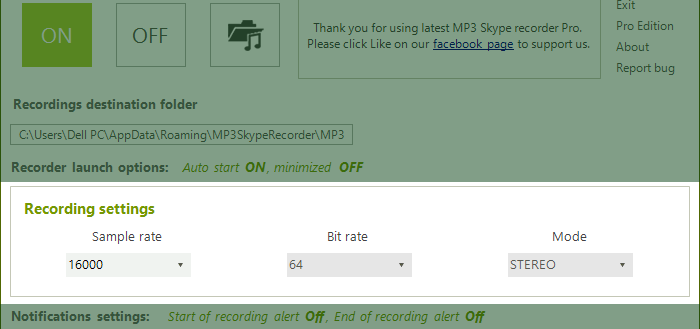 Audio settings for MP3 Skype recorder