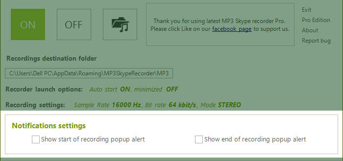 MP3 Skype recorder notifications and alert settings